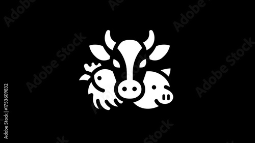 Minimalist farm animal icon: white illustration of cow, chicken, and pig heads on a black background, representing meat, livestock, and agriculture.