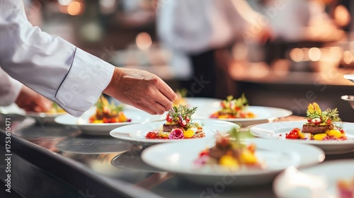 Chef adding final touch to gourmet dishes in professional kitchen setting