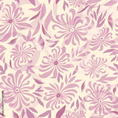 Floral pattern with leaves. Flower seamless wallpaper. Festive pink background