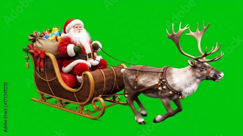 Santa Claus in his sleigh filled with presents, pulled by a single majestic reindeer against a green screen for easy chroma keying