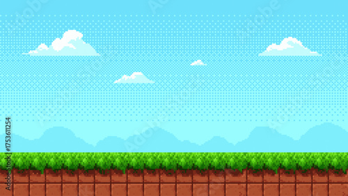 Pixel art game level vector seamlessly looping background with blue sky, clouds, green grass, and brown earth for arcade video game design.