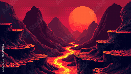 Pixel art game level vector depicting a volcanic landscape with lava river and mountain. Retro video game background for platformer.