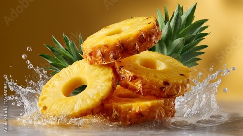 Juicy Pineapple Rings Splashing in Fresh Juice with Vibrant Green Leaves on a Yellow Background