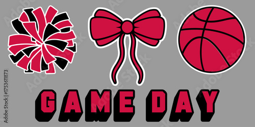 Red and Black Game Day illustration. set of Cheerleader Pom-pom, Bow and a Basketball.