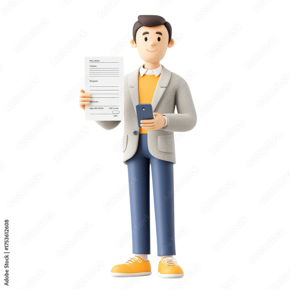 Obraz premium Person with document and phone, clear bg