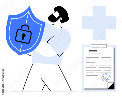 Man holding a shield with a lock icon emphasizing data security, near a signed document and medical cross. Ideal for security, healthcare, privacy, compliance, trust, legal protection. A simple flat