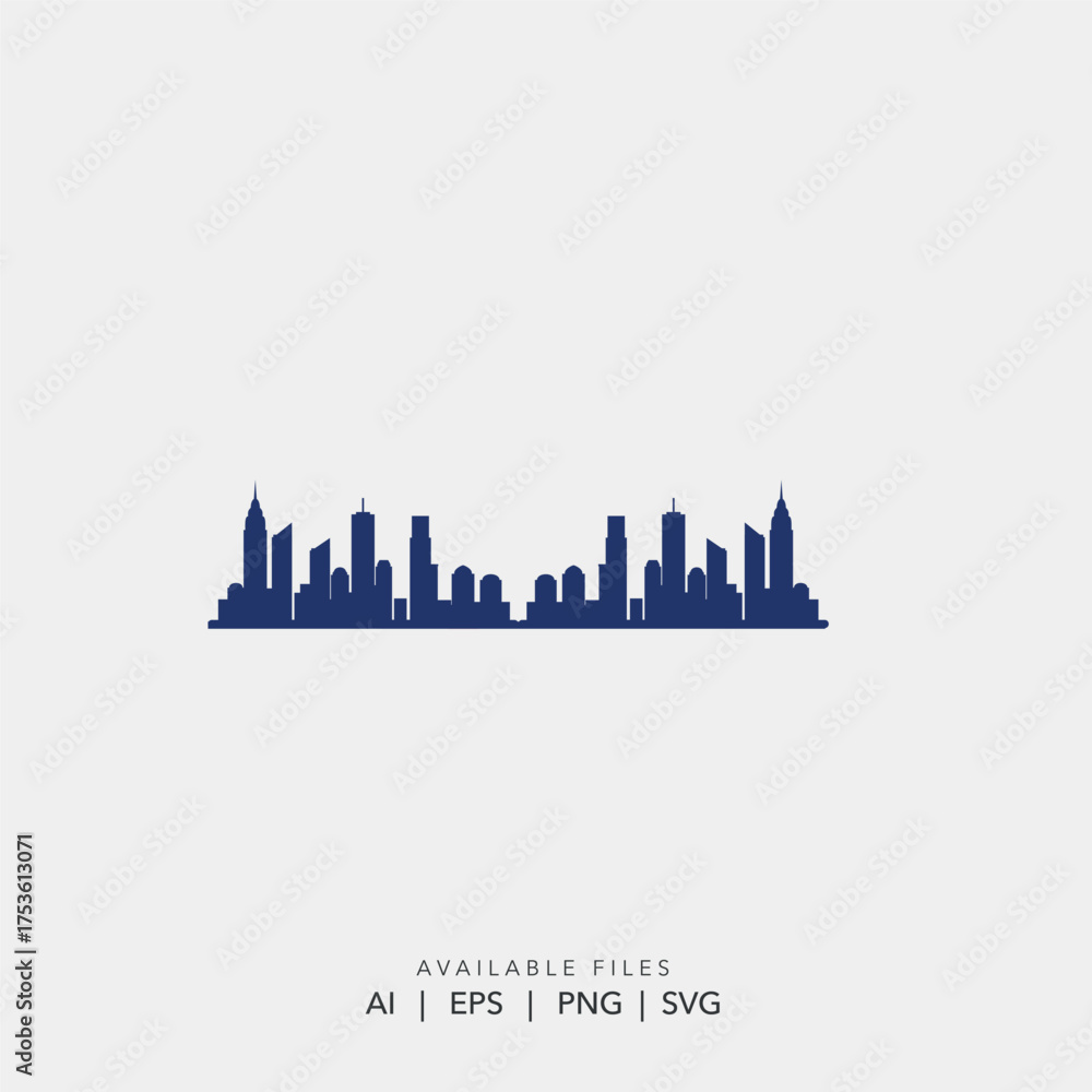 Fototapeta premium Monochrome city skyline silhouette vector logo template, Simple dark blue urban building vector graphic icon