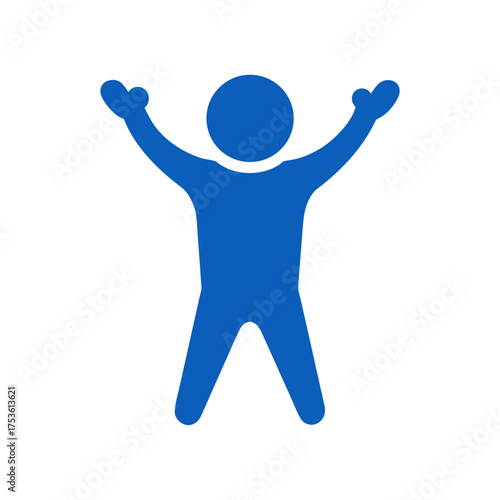Blue silhouette of a person with arms raised high up on transparent background