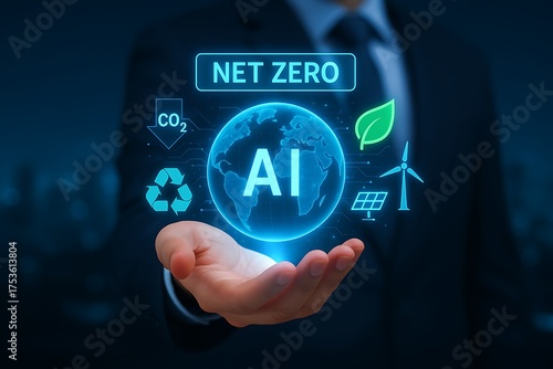 Net zero strategy with AI, business professional presenting glowing Earth surrounded by CO2 reduction, recycling, leaf, wind turbine and solar panel icons