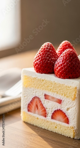 A delicious slice of cake topped with fresh strawberries, showcasing a tempting and inviting dessert perfect for any occasion.