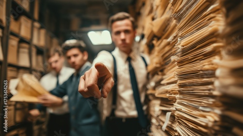 Men in Archive Pointing at Camera