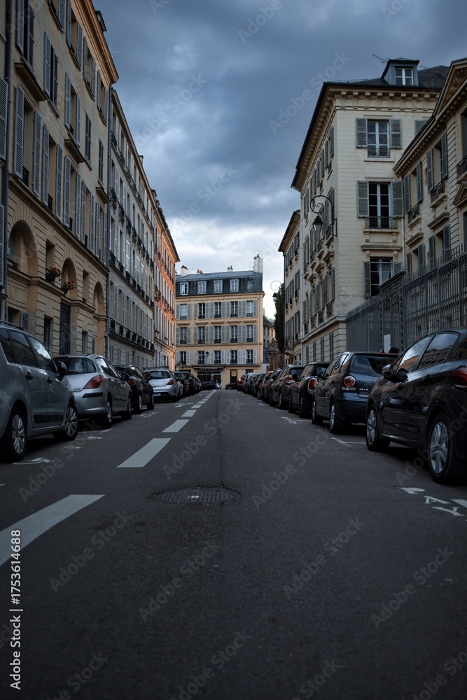 Fototapeta premium Moody, urban street scene in Paris with rows of parked cars and historic buildings under a cloudy sky.