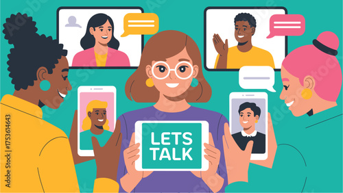 Diverse people video calling and texting on devices