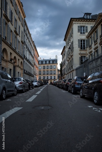 Moody, urban street scene in Paris with rows of parked cars and historic buildings under a cloudy sky.