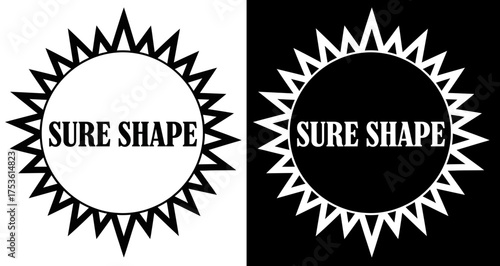 Bold sunburst emblem with "SURE SHAPE" text, presented in positive and negative versions