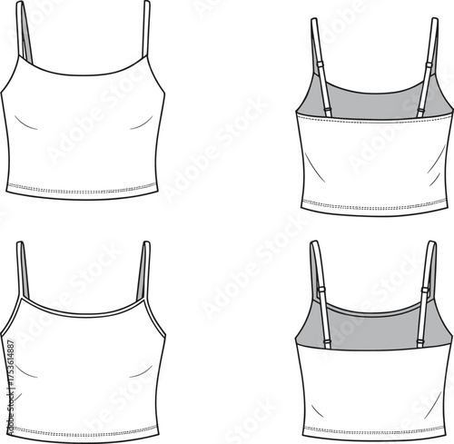 Camisole flat sketch, spaghetti strap top template, fashion design outline, apparel technical drawing, garment vector illustration, clothing construction guide, editable fashion mockup