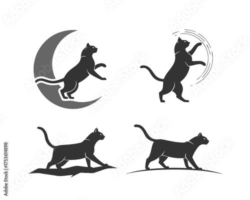 Elegant Black Cat Silhouette Collection Featuring Moon and Playful Poses Vector Graphic Art