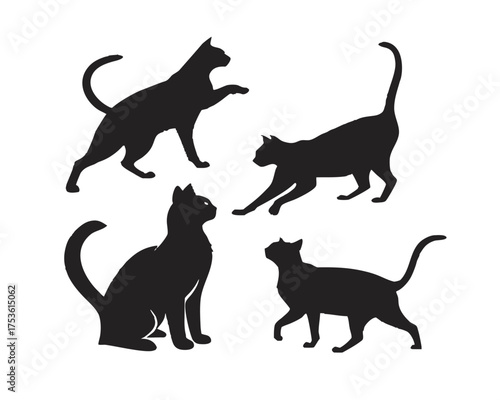 Elegant Black Cat Silhouettes in Various Poses on White Background Modern Feline Design Elements Collection