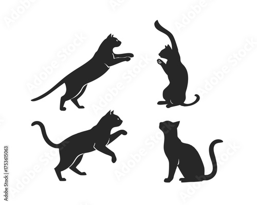 Elegant black cat silhouette collection in various poses for design and illustration projects showcasing feline grace and mystery