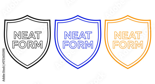 Three stylized shields with the words "NEAT FORM" inside, representing protection and order