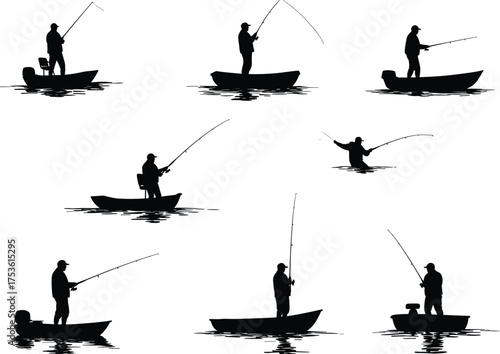 Fishing silhouettes, boat fishing, angler motion, outdoor recreation, water sport, leisure activity, fishing rod, reflection scene, nature lifestyle, peaceful hobby