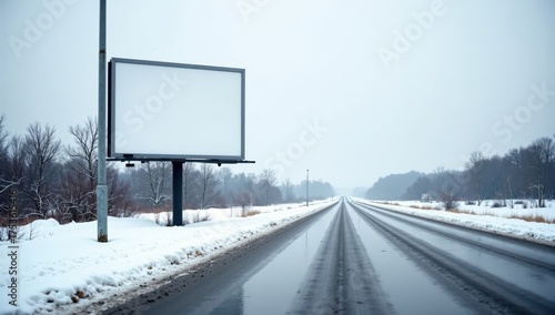 Blank roadside billboard with copy space  on a wet, snowy highway, perfect for winter travel advertising or campaign mockups.