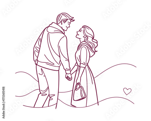 Romantic Couple Holding Hands Walking Together in Minimalist Line Art Style Expressing Love and Connection for Valentines Day Concepts