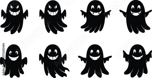 Ghost silhouettes, Halloween icons, spooky cartoon, haunted spirit, scary grin, creepy figure, horror theme, supernatural design, vector illustration, decoration
