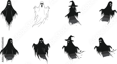 Ghost silhouettes, Halloween icons, spooky design, haunted spirit, witch hat ghost, scary cartoon, horror theme, supernatural figure, vector illustration, decoration