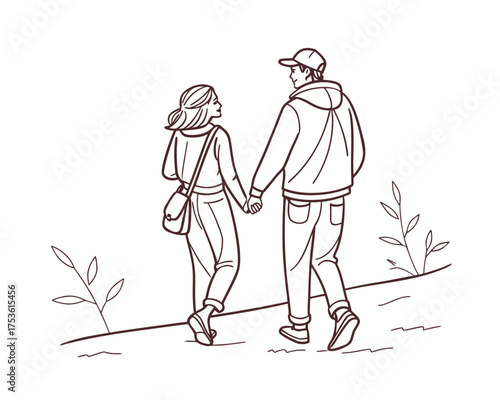 Couple Walking Hand in Hand Minimalist Illustration Line Art Drawing for Valentines Day or Engagement Announcement Design Element