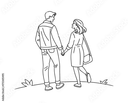 Young Couple Holding Hands Walking Together in Line Art Style Romantic Outing and Loving Relationship Illustration