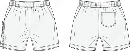 Elastic waistband shorts flat sketch, women’s fashion technical drawing, back pocket design, sewing pattern, casual clothing template, garment construction vector illustration