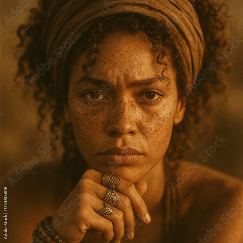 Close up portrait of woman with freckles wearing headscarf and jewelry in vintage bohemian style