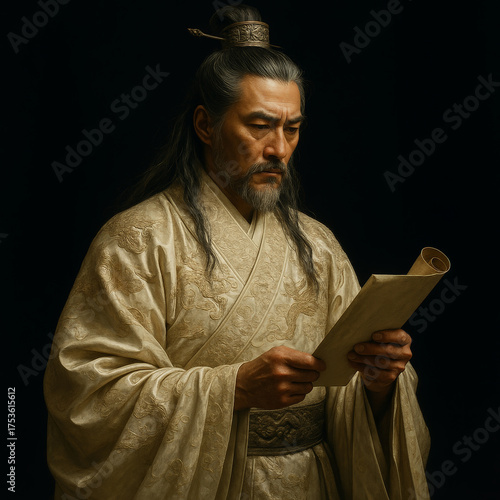 Elderly Asian man in traditional robe reading scroll, stoic warrior portrait on dark background