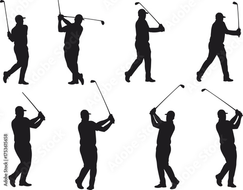 Golf silhouettes, player swing, club motion, ball strike, athlete stance, sport action, precision game, recreation scene, fitness exercise, vector design