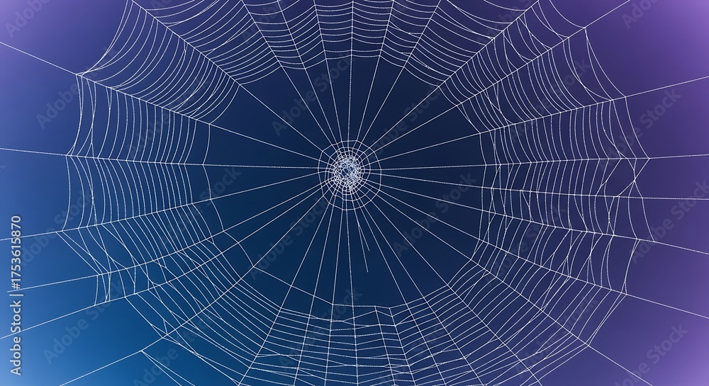 Obraz premium Intricate spiderweb glistens against a stunning blue and purple gradient sky, perfect for Halloween themes