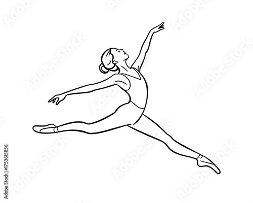Elegant Ballerina in Mid Air Performing a Grand Jete Outlined in Black and White Illustration