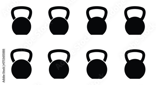 Eight black kettlebell icons arranged in a grid pattern on white