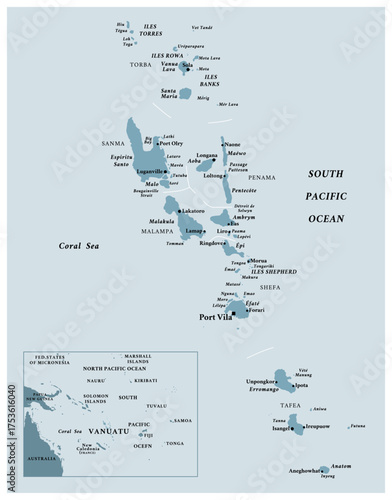 Vanuatu - detailed political map of the country with regions and major cities.