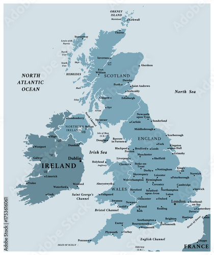 United Kingdom - detailed political map of the country with regions and major cities.