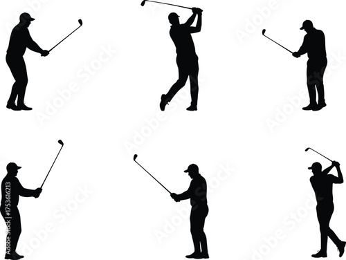 Golf silhouettes, player swing, club motion, ball strike, athlete stance, sport action, precision game, recreation scene, fitness exercise, vector illustration