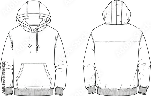 Hoodie technical flat sketch, sweatshirt front and back, fashion design template, apparel vector illustration, clothing outline, drawstring hood, kangaroo pocket, ribbed cuffs
