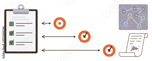 Tasklist clipboard with checkmarks, goals tracking with arrows and targets, signed document, and workflow chart. Ideal for planning, project management, workflow, productivity, organization goals