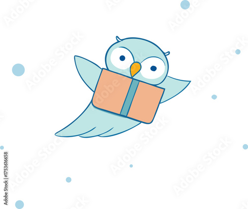 Owl Delivery Cartoon With Parcel Box: Sweet Bird Delivering Present on Grey Background