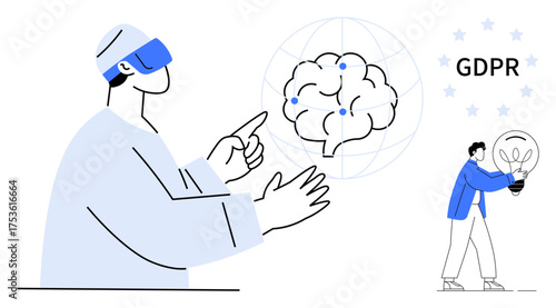 Person in VR headset analyzing a brain diagram with data points, symbolizing technology, AI, and data protection. Ideal for innovation, AI, data, research, GDPR privacy futuristic simple flat