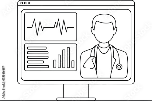 Doctor on computer screen with medical charts and graphs