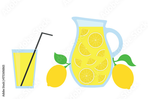 Lemonade in a pitcher, a glass with lemonade and a straw, and two lemons. Vector illustration on a white background.