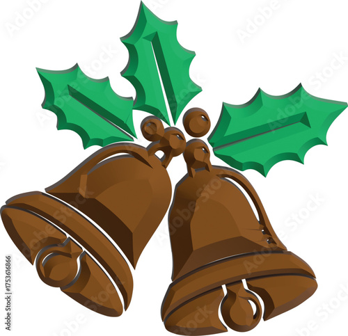 3d Two shiny brown christmas bells adorned with vibrant green holly leaves and berries