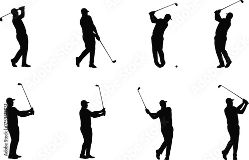Golf silhouettes, player swing, club motion, ball strike, athlete stance, sport action, precision game, recreation scene, fitness exercise, vector illustration