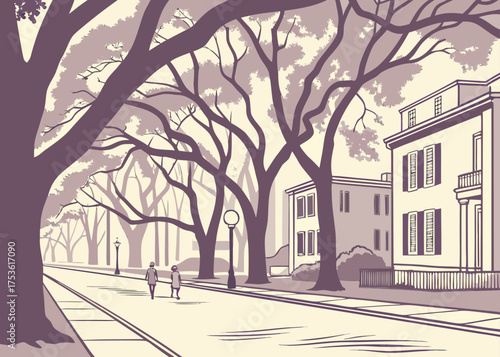 Savannah street and oak trees vector, soft modern design

